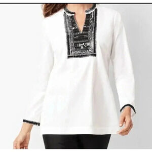 RSVP By TALBOTS Beaded White Poplin Cotton Tunic Top Size Petite Medium